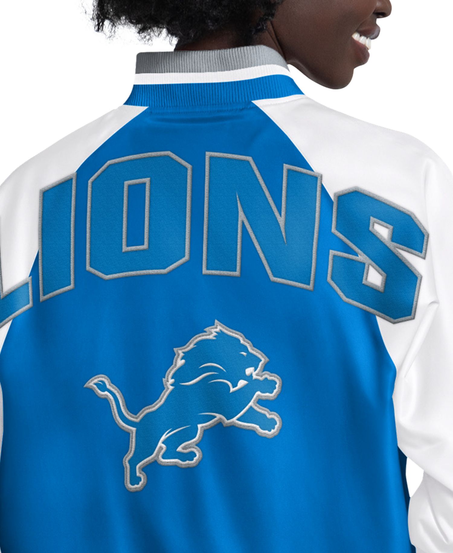 Women's Blue/White Detroit Lions Raglan Blitz Full-Snap Varsity Jacket
