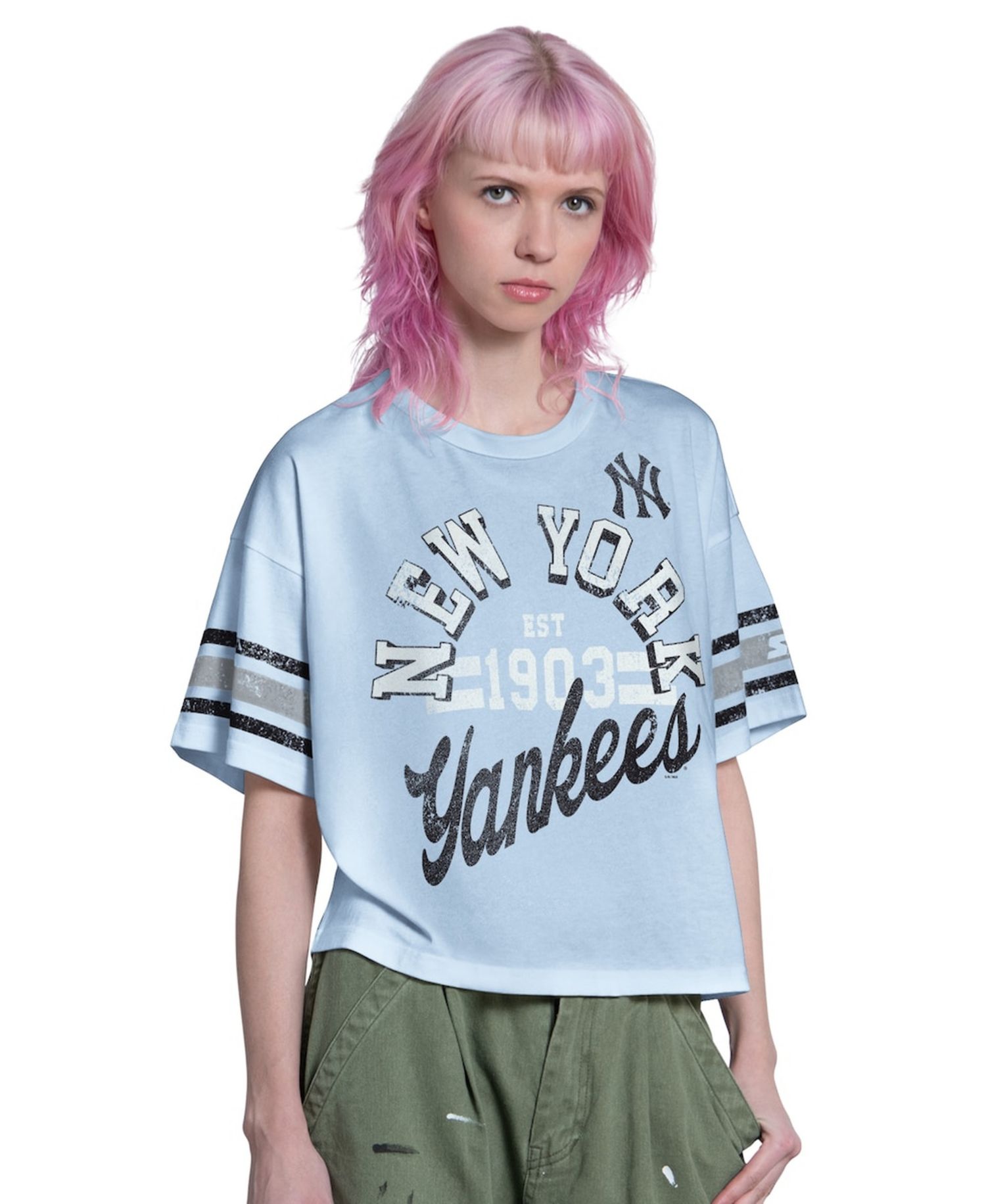 Women's Light Blue New York Yankees Cropped Hurry Up Offense T-Shirt