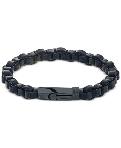 Esquire Men's Jewelry Link Bracelet in Black Leather and Ion-Plated Stainless Steel, Only at Macy's