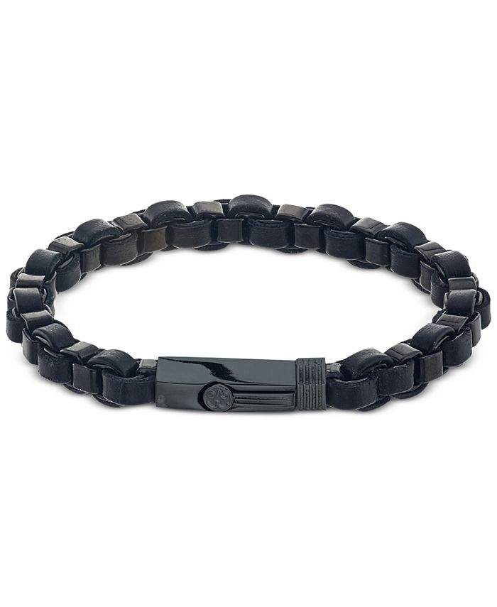 Esquire Men's Jewelry Link Bracelet in Black Leather and IonPlated