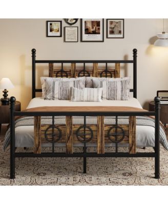 Durable Metal Platform Bed Frame with Retro Circular Design, Headboard and Footboard Included, Underbed Storage Space, Quiet Structure