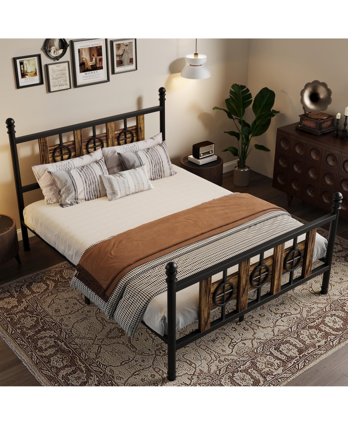 homfan Durable Metal Platform Bed Frame with Retro Circular Design, Headboard and Footboard Included, Underbed Storage Space