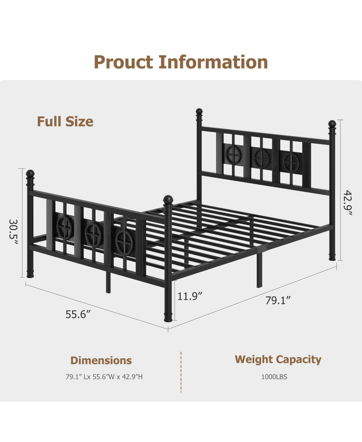 homfan Durable Metal Platform Bed Frame with Retro Circular Design, Headboard and Footboard Included, Underbed Storage Space