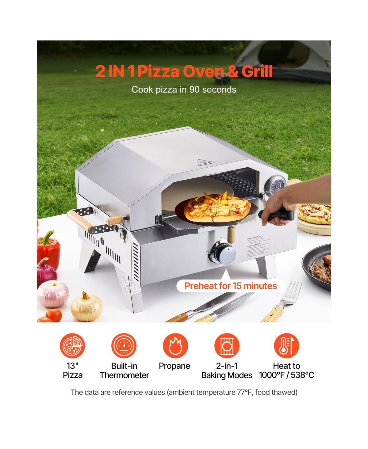 Asagikoiai Outdoor Portable Stainless Steel Gas Pizza Oven with Thermometer and Cordierite Stone