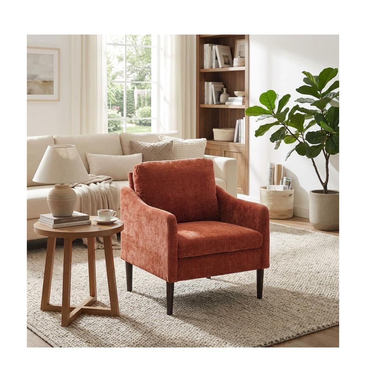 gaomon Mid Century Modern Accent Chair, Chenille Fabric, Curved Arms, Upholstered Reading Chair, Cloud Single Sofa for Living Room Bedroom Office - Or