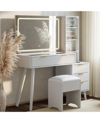 Vanity Desk with Lighted Mirror, Makeup Vanity with Charging Station, Glass Top Dressing Table with Cushioned Storage Stool for Bedroom