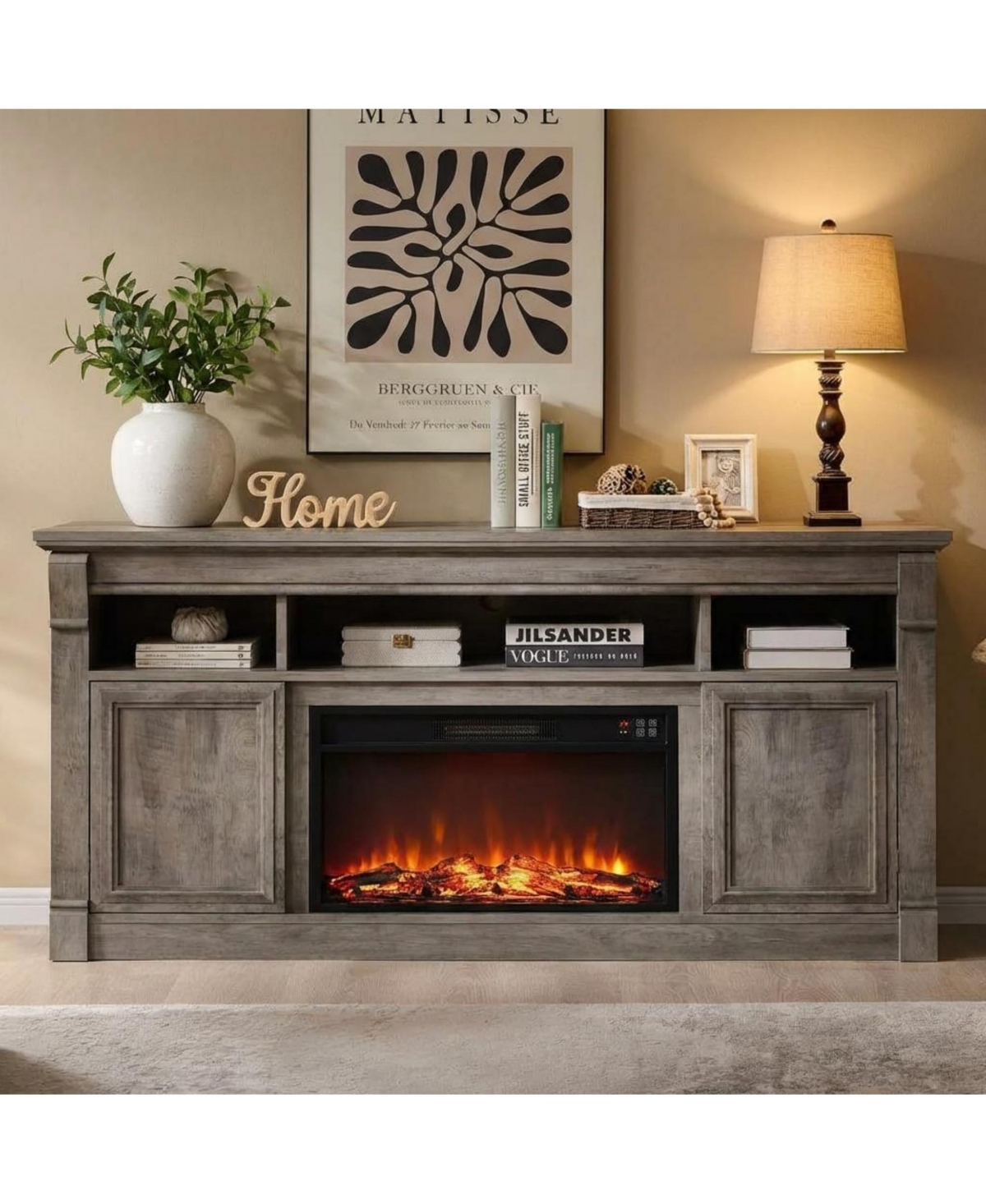 homfan 58" Fireplace Tv Stand for TVs Up to 65, Modern Farmhouse Entertainment Center with 30'' Electric Fireplace, Remote Control Realistic 3D Flame