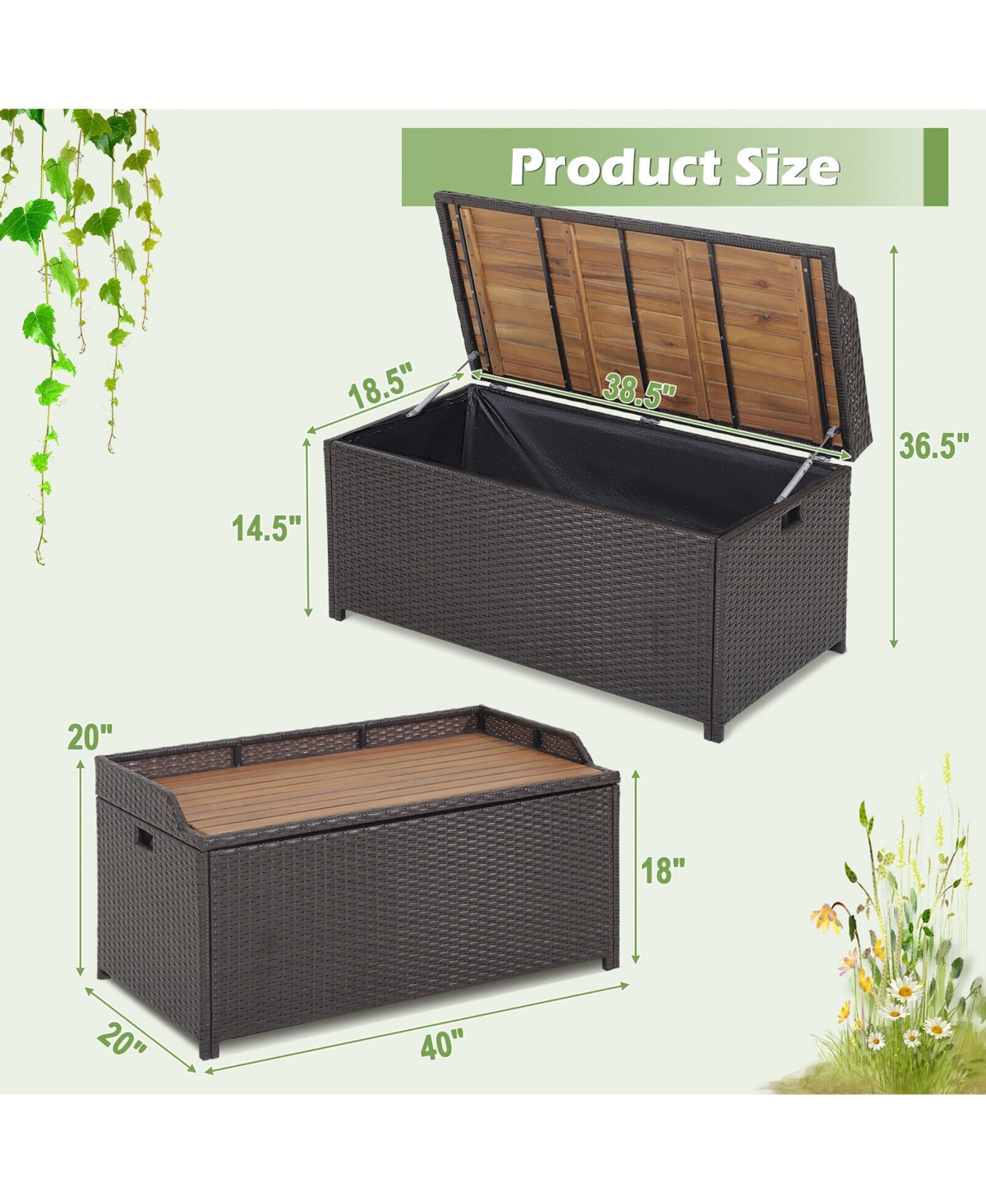 Gymax Patio Wicker Bench Deck Box with Acacia Wooden Seat Storage Bench Poolside Garden