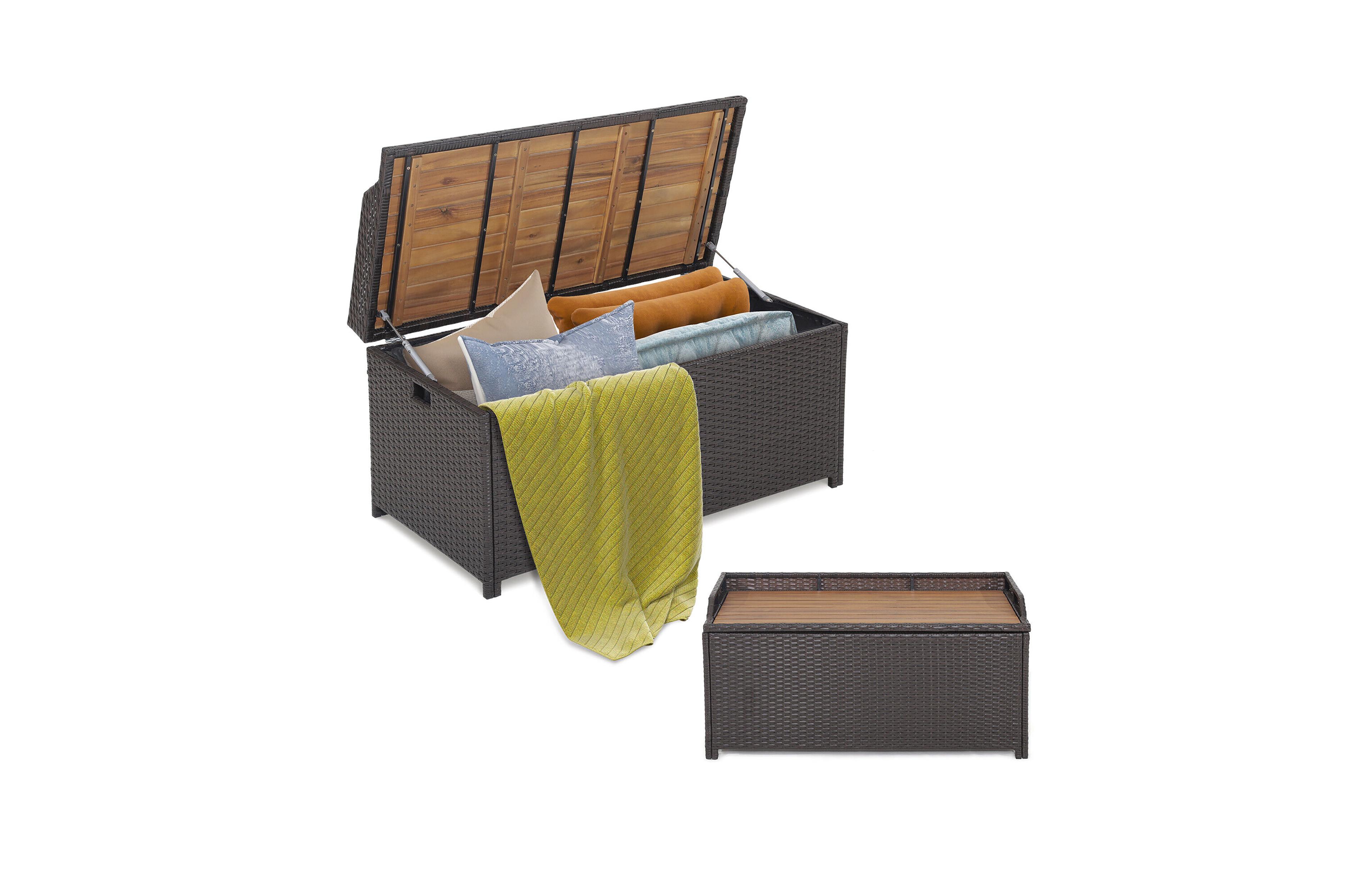 Gymax Patio Wicker Bench Deck Box with Acacia Wooden Seat Storage Bench Poolside Garden