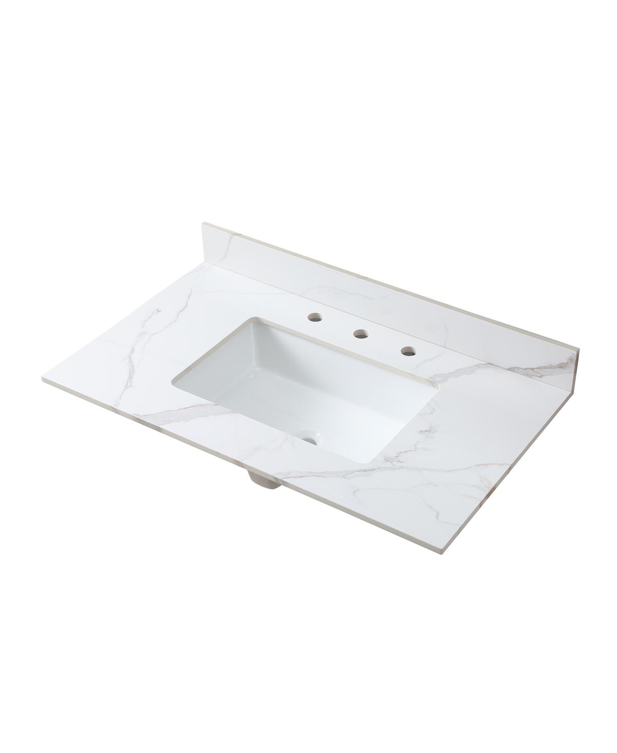 Sillysis 31/37/43 Inch Sintered Stone Vanity Top with Ceramic Rectangular Sink, 4 Inch Backsplash, 3 Faucet Holes