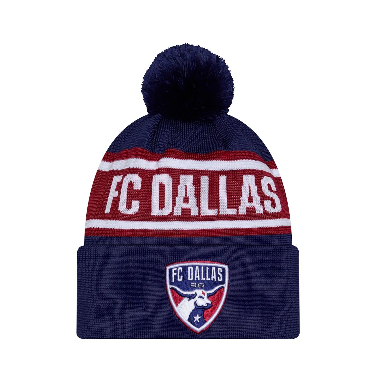 Мужские головные уборы New Era Navy FC Dallas 2026 Jersey Hook Cuffed Pom Knit Hat — фото 1