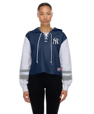 Women's Navy New York Yankees Boxy Lace-Up Hoodie