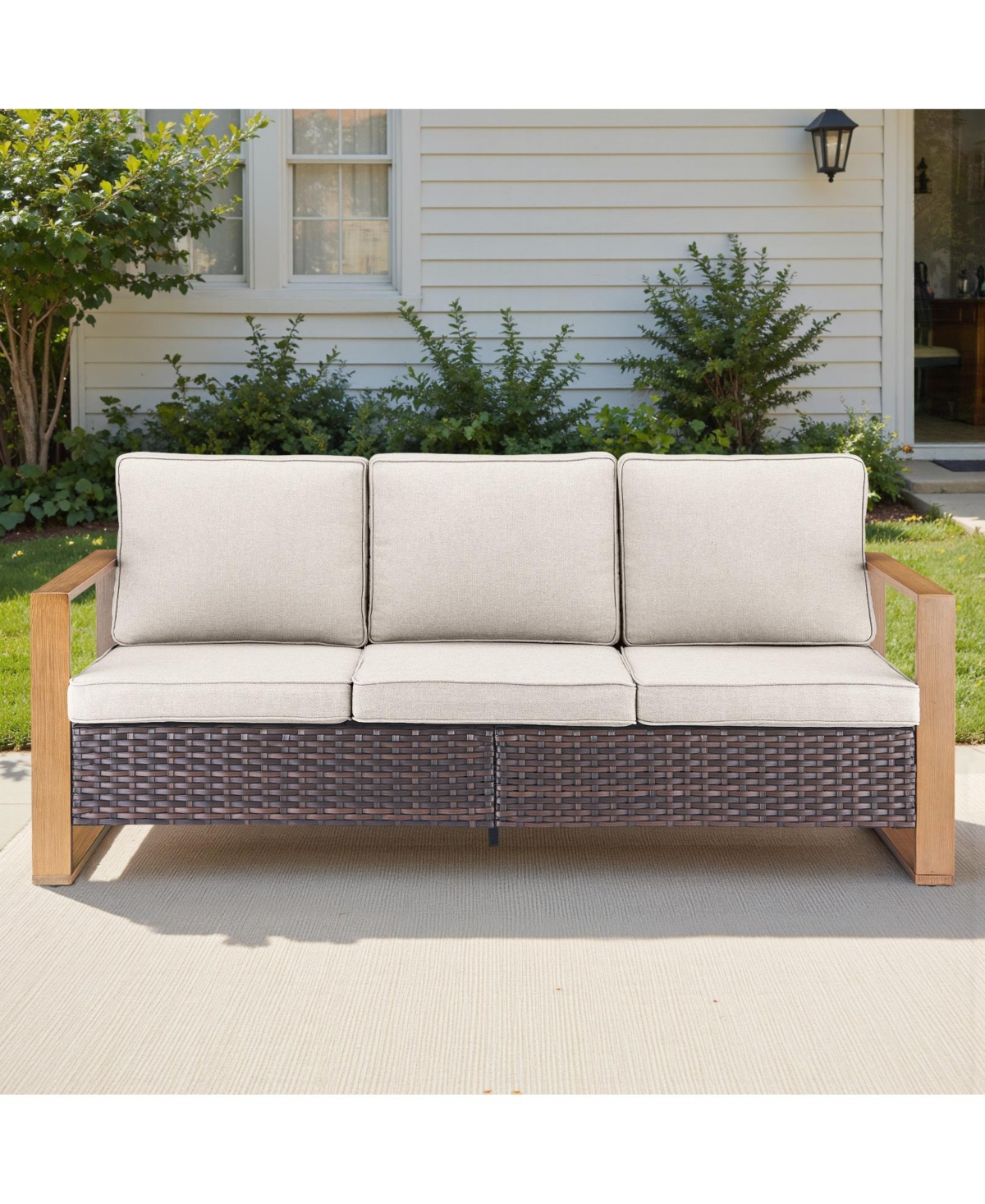 Pocassy Outdoor Patio Couch, 3 Seater Wicker Sofa with High Back, Deep Seating, Wide Armrest, Thickened Cushions