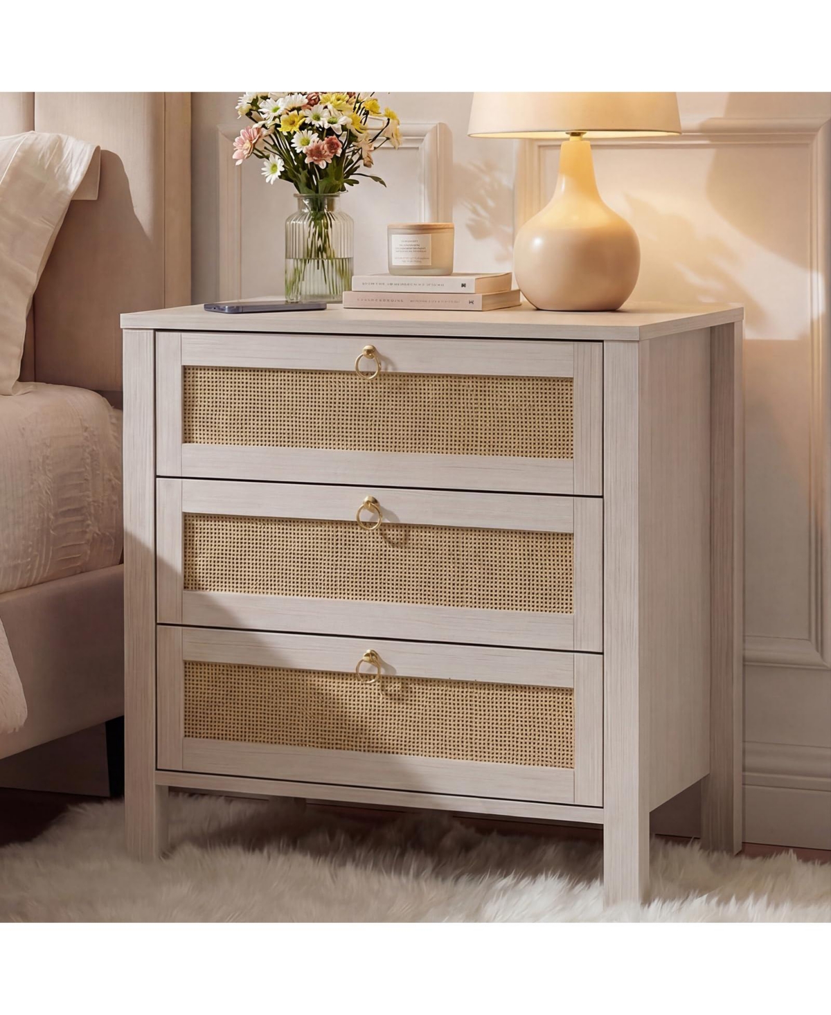 homfan Modern Rattan Bedside Table, Elegant Contemporary Bedside Furniture with Room Storage Space for Bedrooms