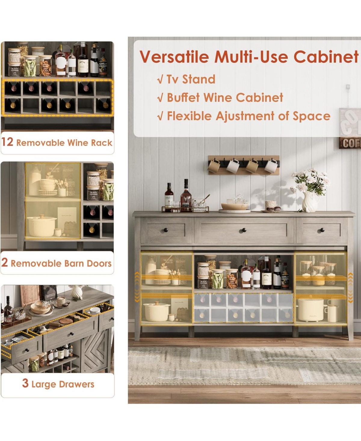 gaomon Farmhouse 59" Buffet Cabinet with Sliding Barn Door, 33.4" Tall Wood Rustic Sideboard with 3 Drawer