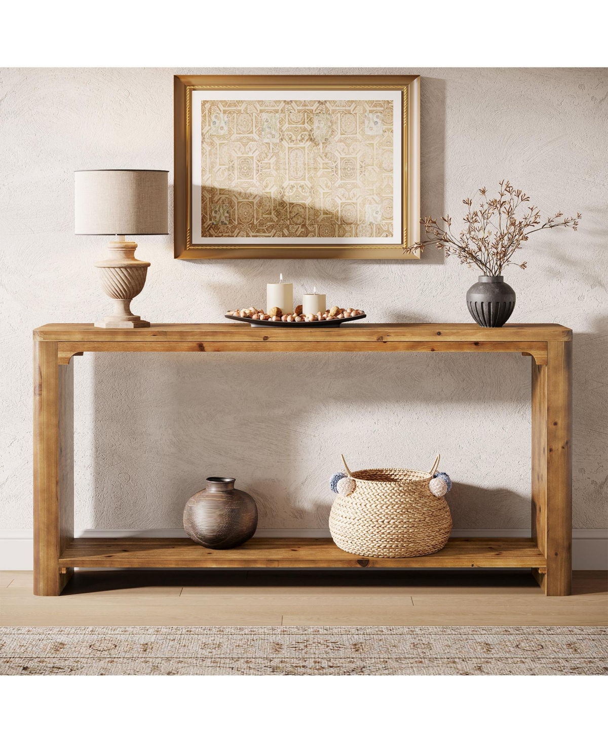 Slickblue Solid Wood Entryway Table 63 Inch with Double Storage Shelves