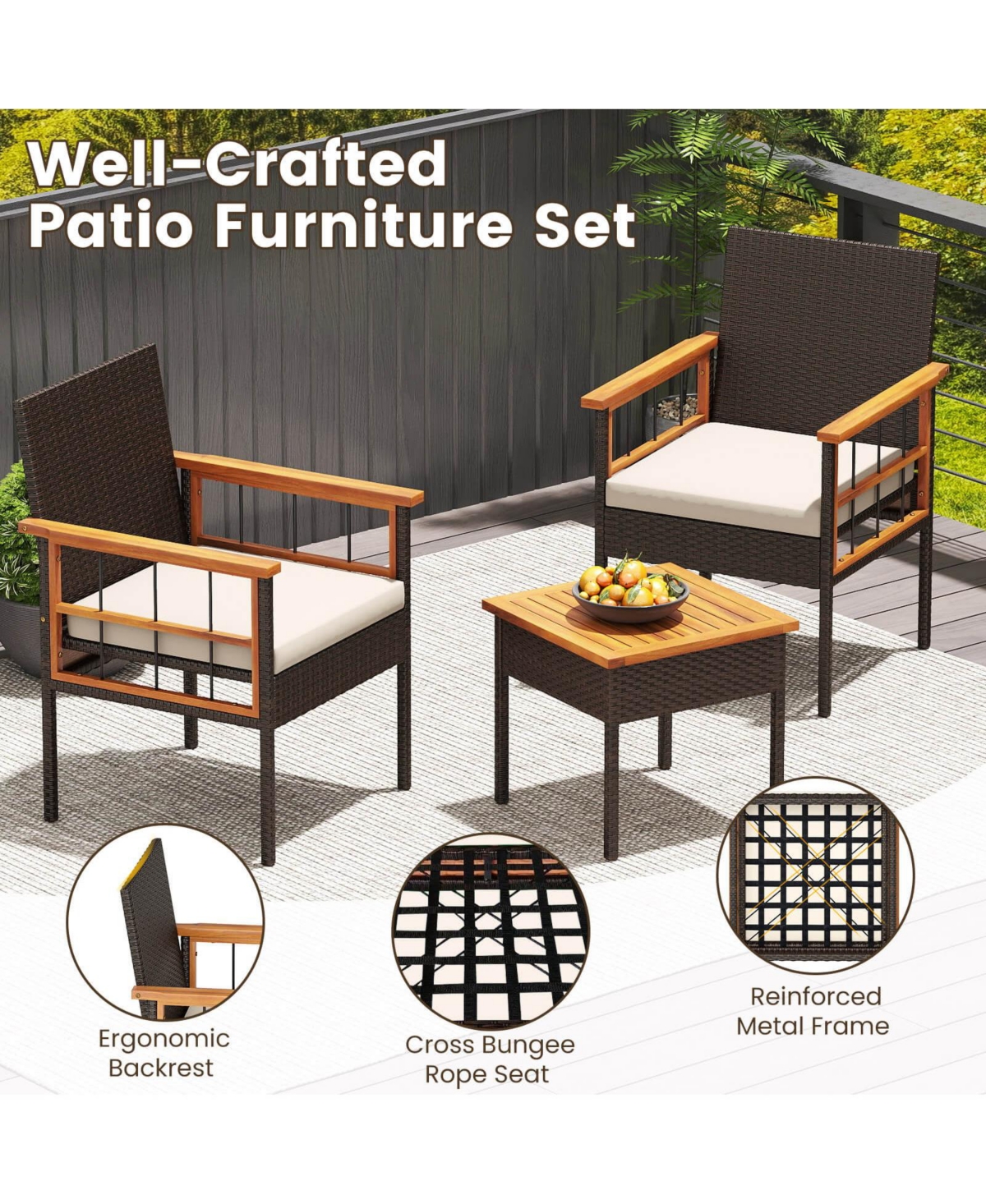 Costway Pcs Wicker Furniture Set with Acacia Wood Tabletop Armrests Cushions for Backyard