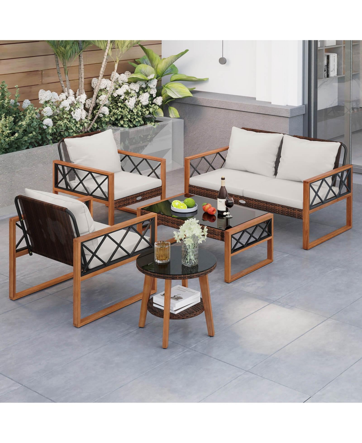 Costway 5 Pcs Pe Wicker Patio Furniture Set with Acacia Wood Frame Cushions for Deck Garden