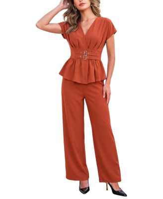 Women's Elegant V-Neck Belted Peplum Top and Wide Leg Pants Two-Piece Set