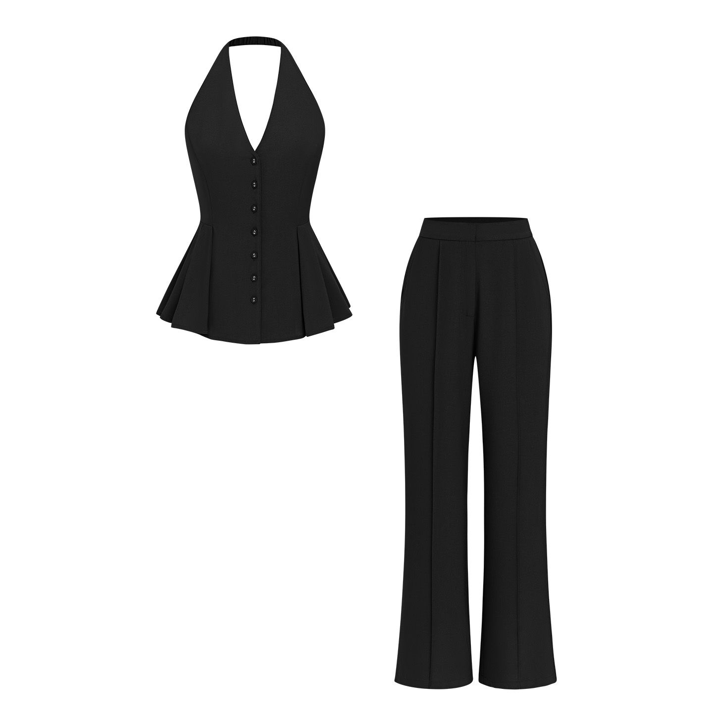 Женские комплекты Cupshe Halter Button-Front Peplum Top and Straight-Leg Pants Matching Set, цвет: Чёрный — фото 4