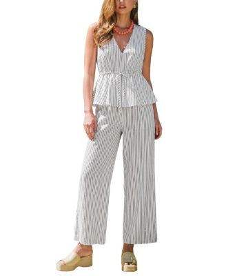 Women's Striped Sleeveless Peplum Top and Wide-Leg Pants Matching Set