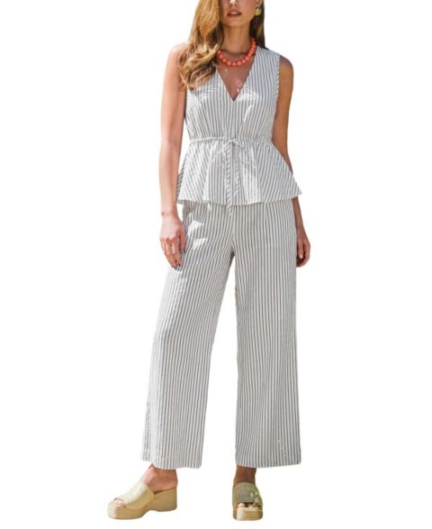 Женские комплекты Cupshe Striped Sleeveless Peplum Top and Wide-Leg Pants Matching Set, цвет: Белый