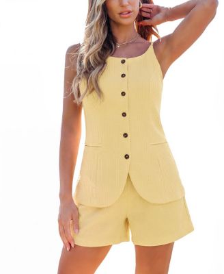 Women's Button-Down Sleeveless Vest Top and High-Waisted Shorts Outfits