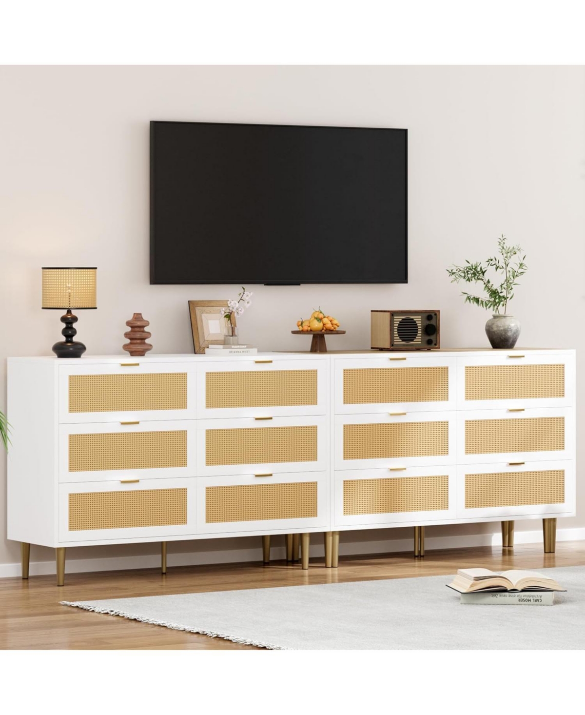 gaomon Rattan 6 Drawer Dresser with Gold Legs & Handles, Wide Wood Storage Cabinet