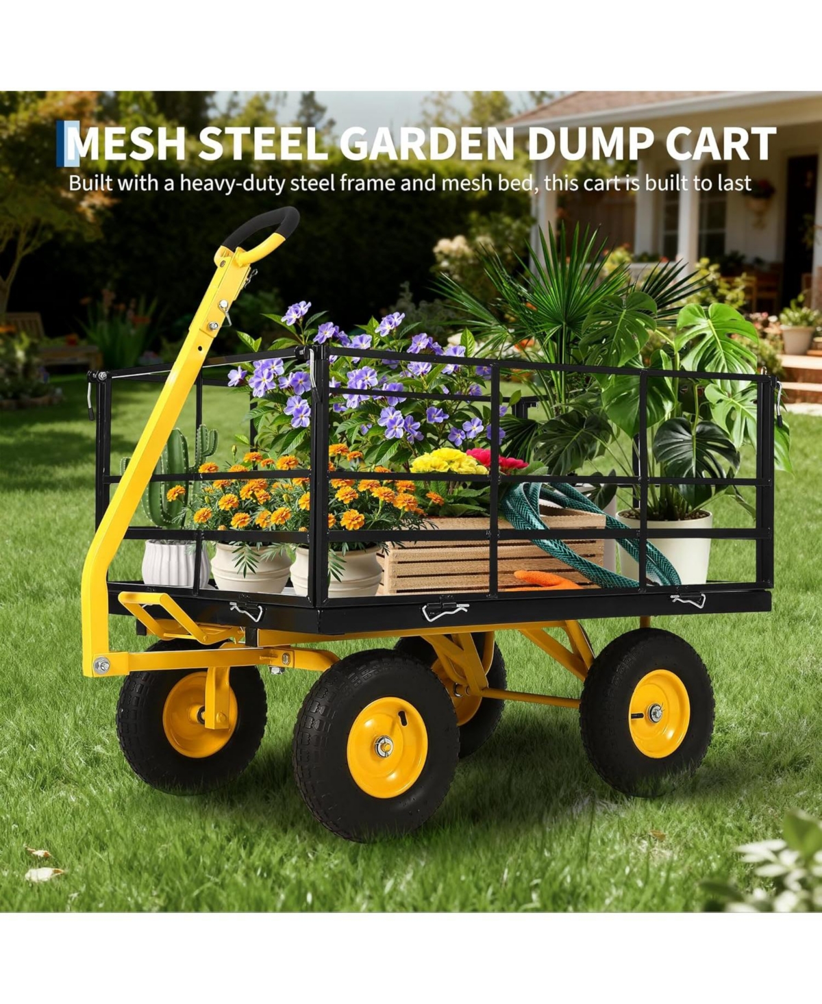 gaomon Heavy Duty 1500 lbs Steel Garden Cart with Removable Sides and Dumping Feature 4-in-1 Folding Wagon with Pneumatic Tires for Atv