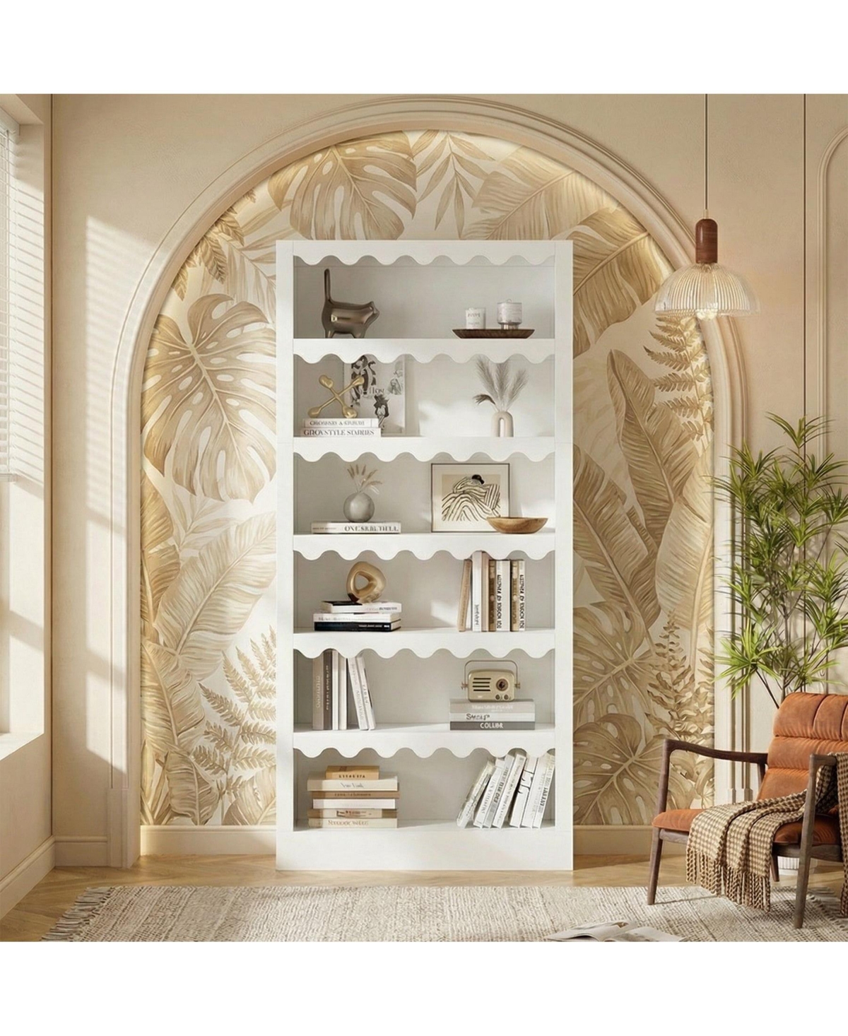 Slickblue 5-Tier Modern Bookcase with Decorative Scalloped Shelves for Living Room