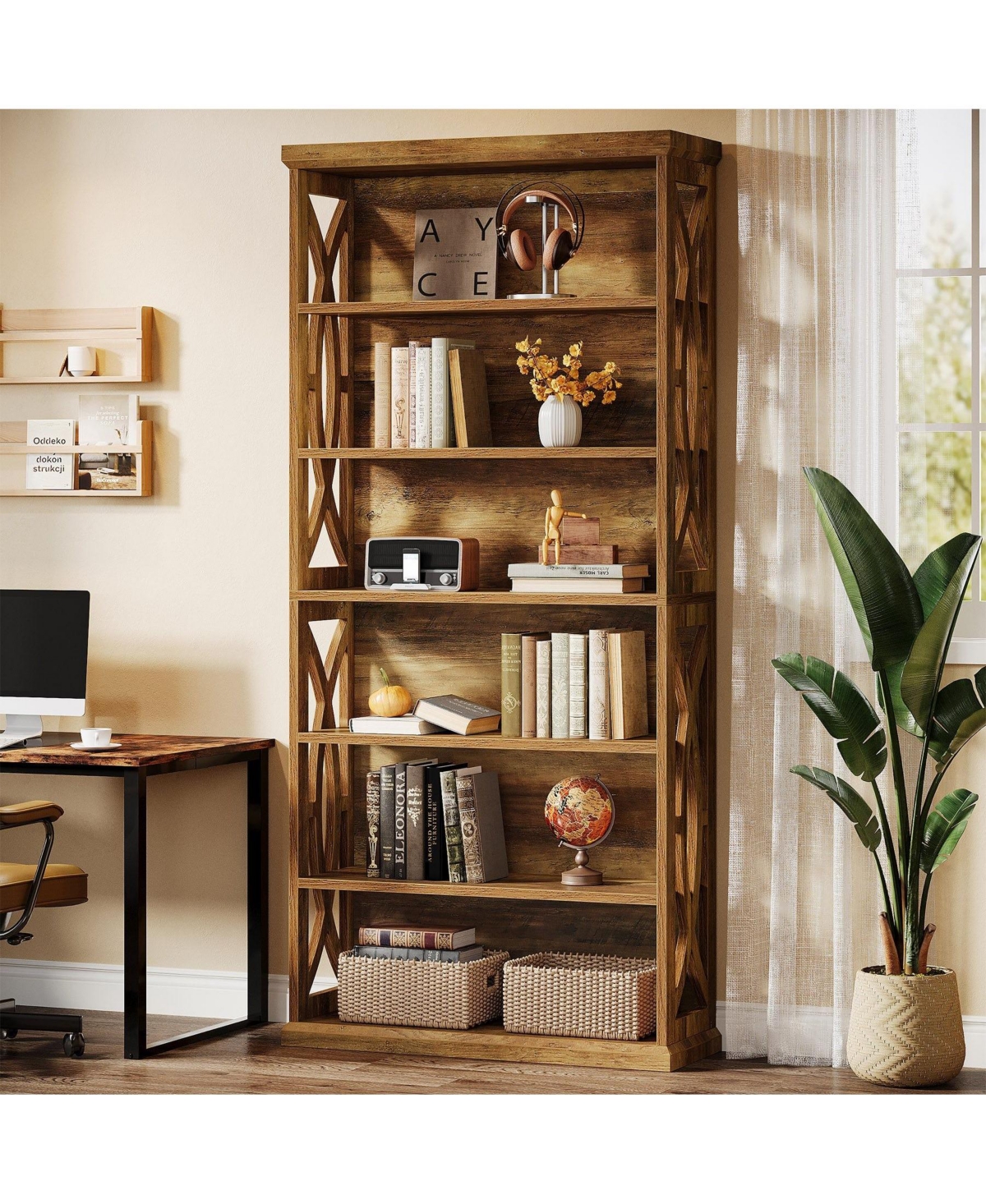 Slickblue Freestanding 6-Tier Bookcase with Wooden Shelves for Living Room
