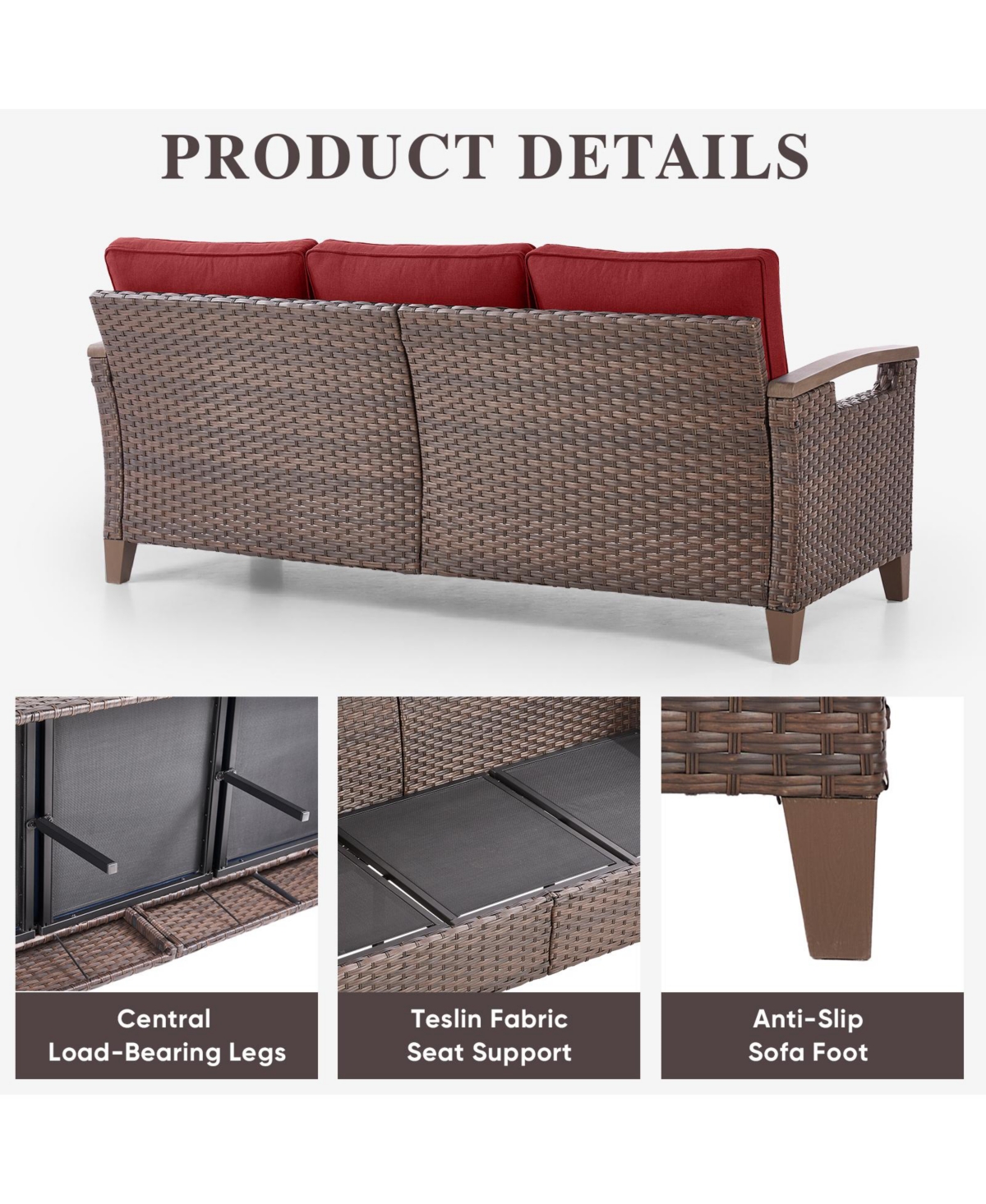 Pocassy Outdoor Patio Couch Sofa, All Weather Wicker 3 Seater Couch, Outdoor Seating Patio Furniture Sofa with Olefin Cushion