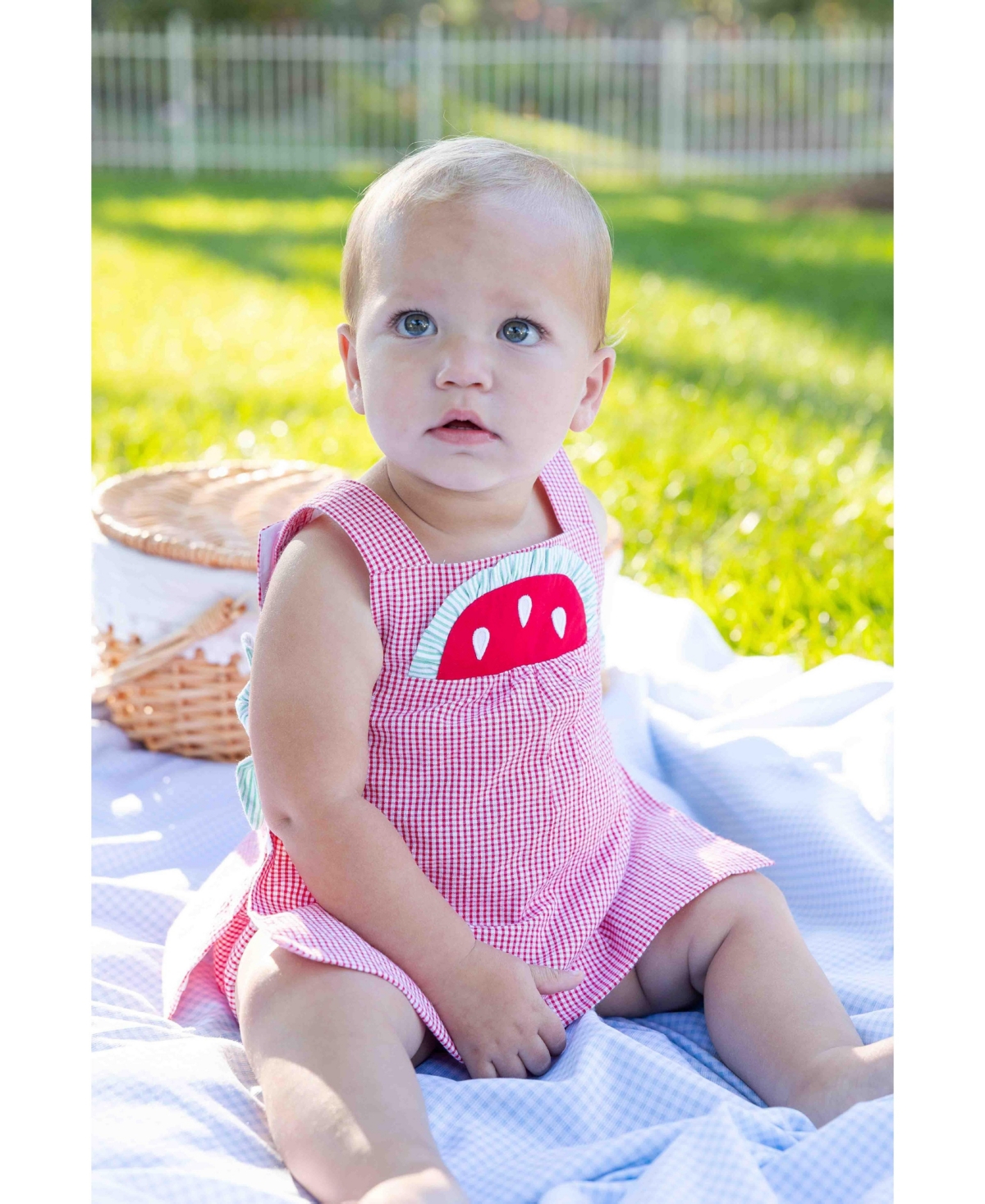 Florence Eiseman Baby Girl Check Seersucker Dress and Bloomer With Watermelon