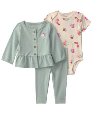 Baby Girls' Floral Layering Long-Sleeve Top, Bodysuit and Pant, 3-Piece Set