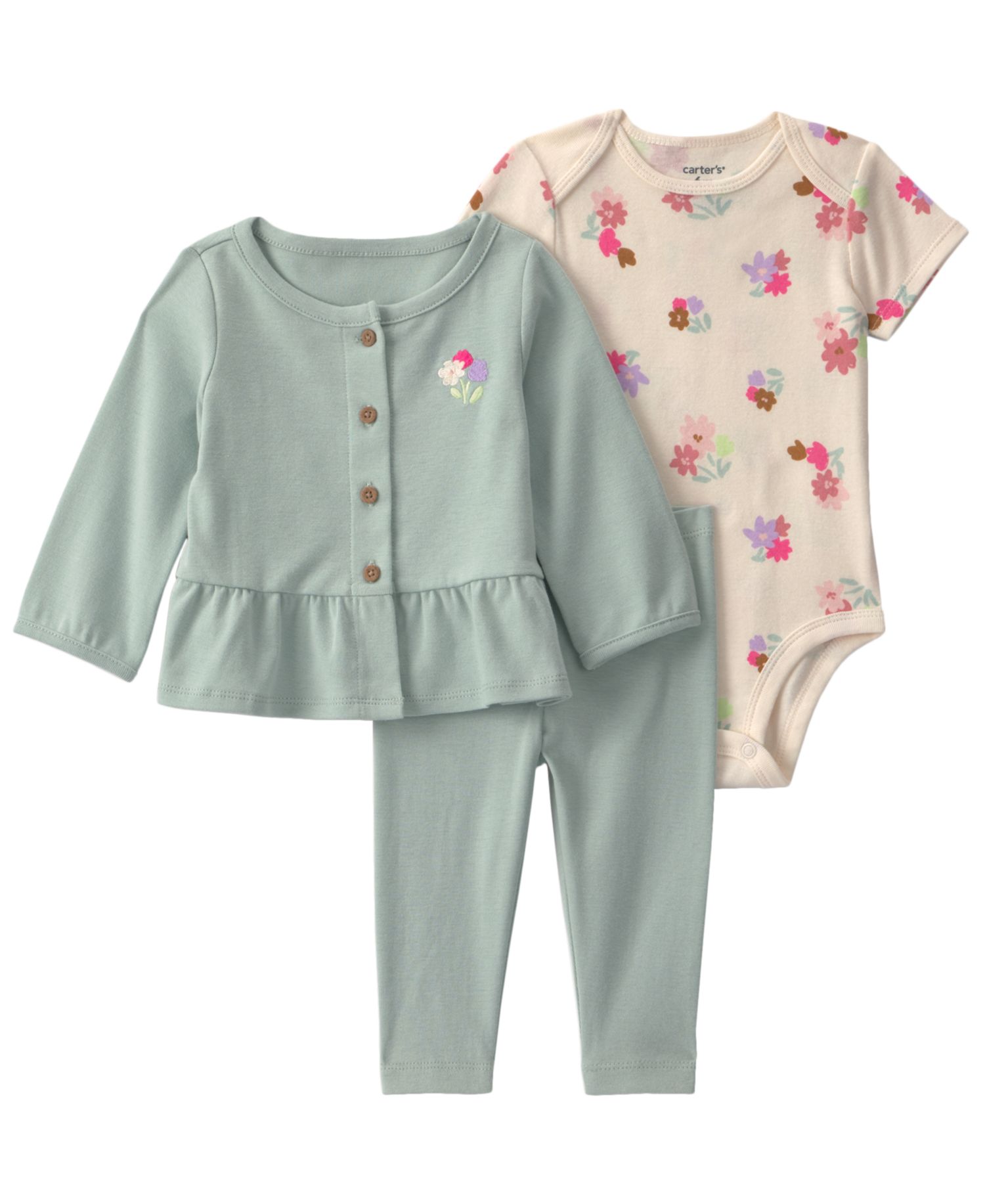 Baby Girls' Floral Layering Long-Sleeve Top, Bodysuit and Pant, 3-Piece Set