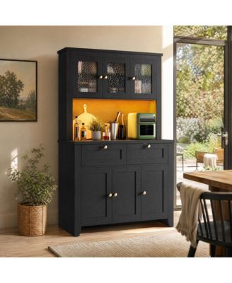 66 Inch Tall Pantry Cabinet with LED Lights and Charging Station, Kitchen Hutch Coffee Bar with Drawers and Adjustable Shelves