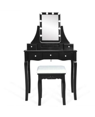 Wood Vanity Table Set with Tri-Fold Mirror and Drawer