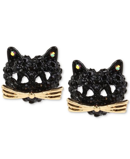 Betsey Johnson Two Tone Pave Black Crystal Cat Stud Earrings