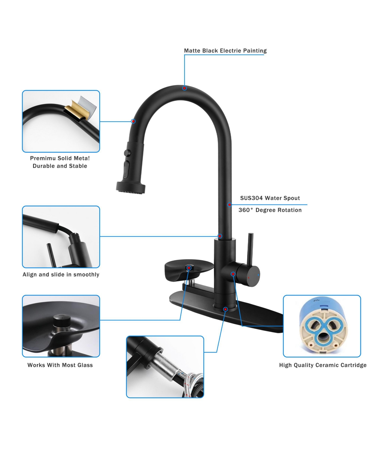 Phying 3 in 1 Kitchen Faucet with Press Type Glass Rinser High Arc Pull Down Sprayer Faucet 3 Function Spray Mode Finish Modern Kitchen Sink Fixt