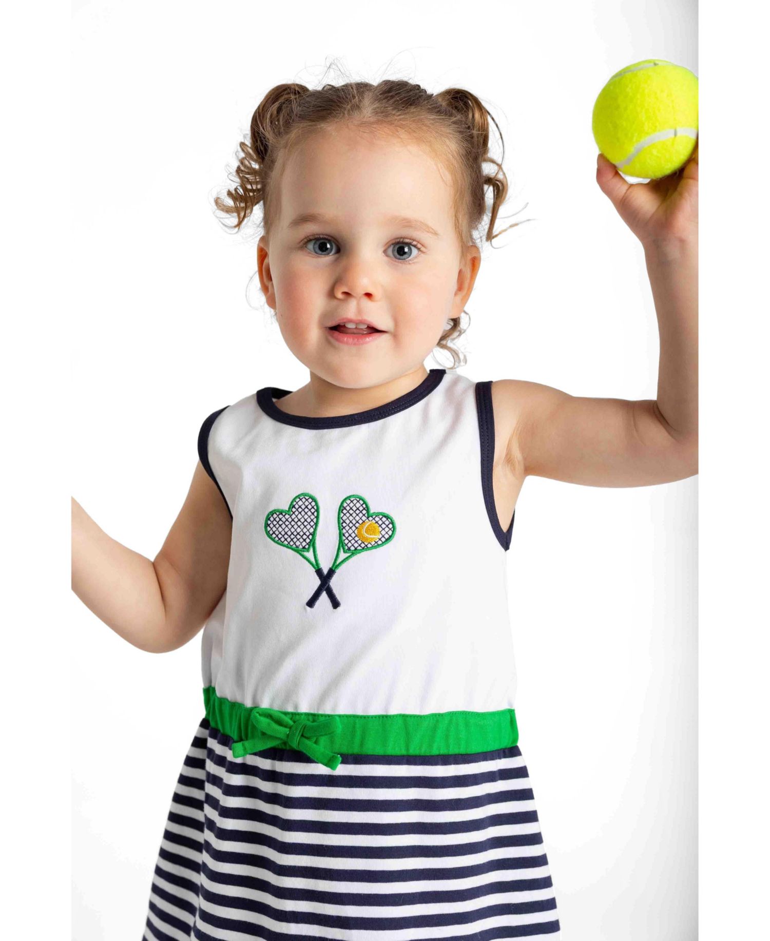 Little Girls Stripe Knit Dress with Tennis Rackets