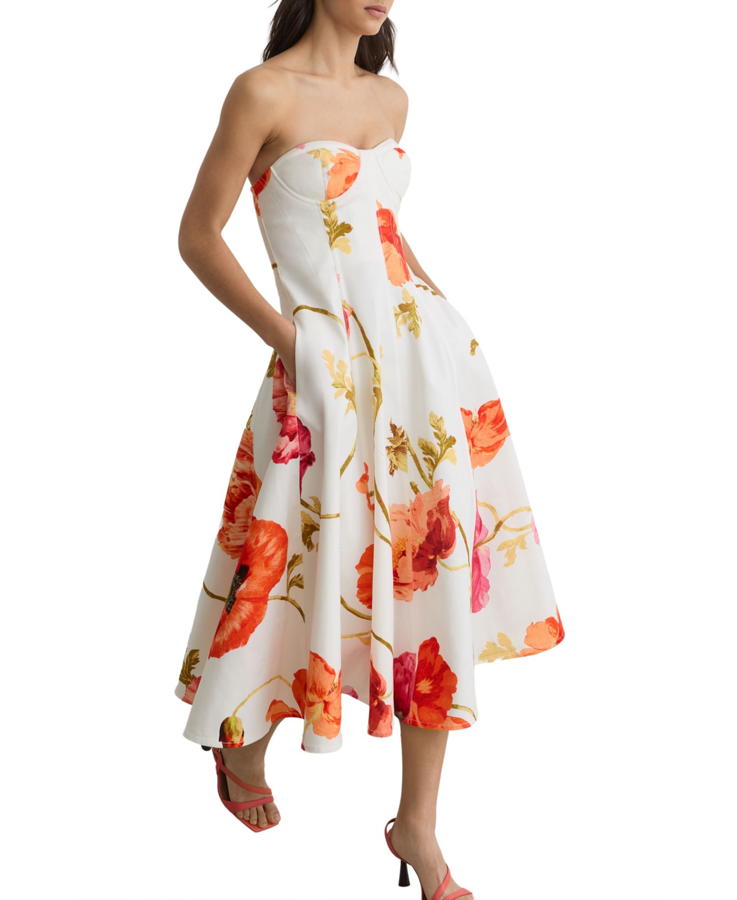 Women's Cotton Floral Bustier Midi Dress with Stretch