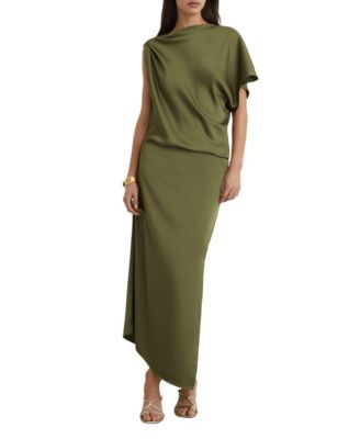 Women's Satin Asymmetric Draped Midi Dress