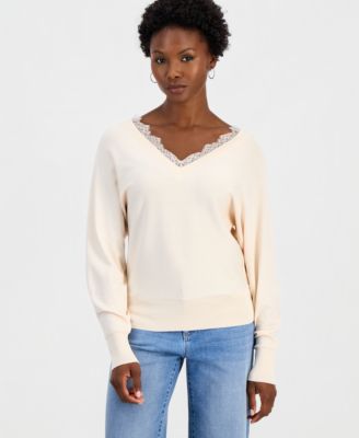 Petite Lace Trim Double V-Neck Sweater