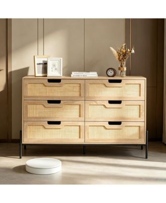 Farmhouse Rattan 6-Drawer Dresser, Sturdy Engineered Wood Storage Cabinet with Metal Legs, Easy Assemble Multi-use Home Organizer