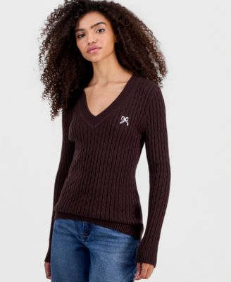 Juniors' Longline V-Neck Cable-Knit Sweater