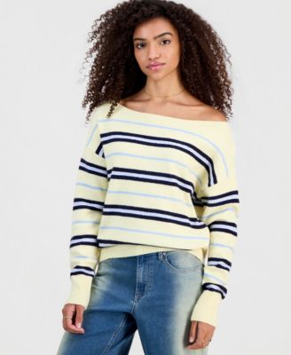 Juniors' Slouchy Off-The-Shoulder Striped Sweater