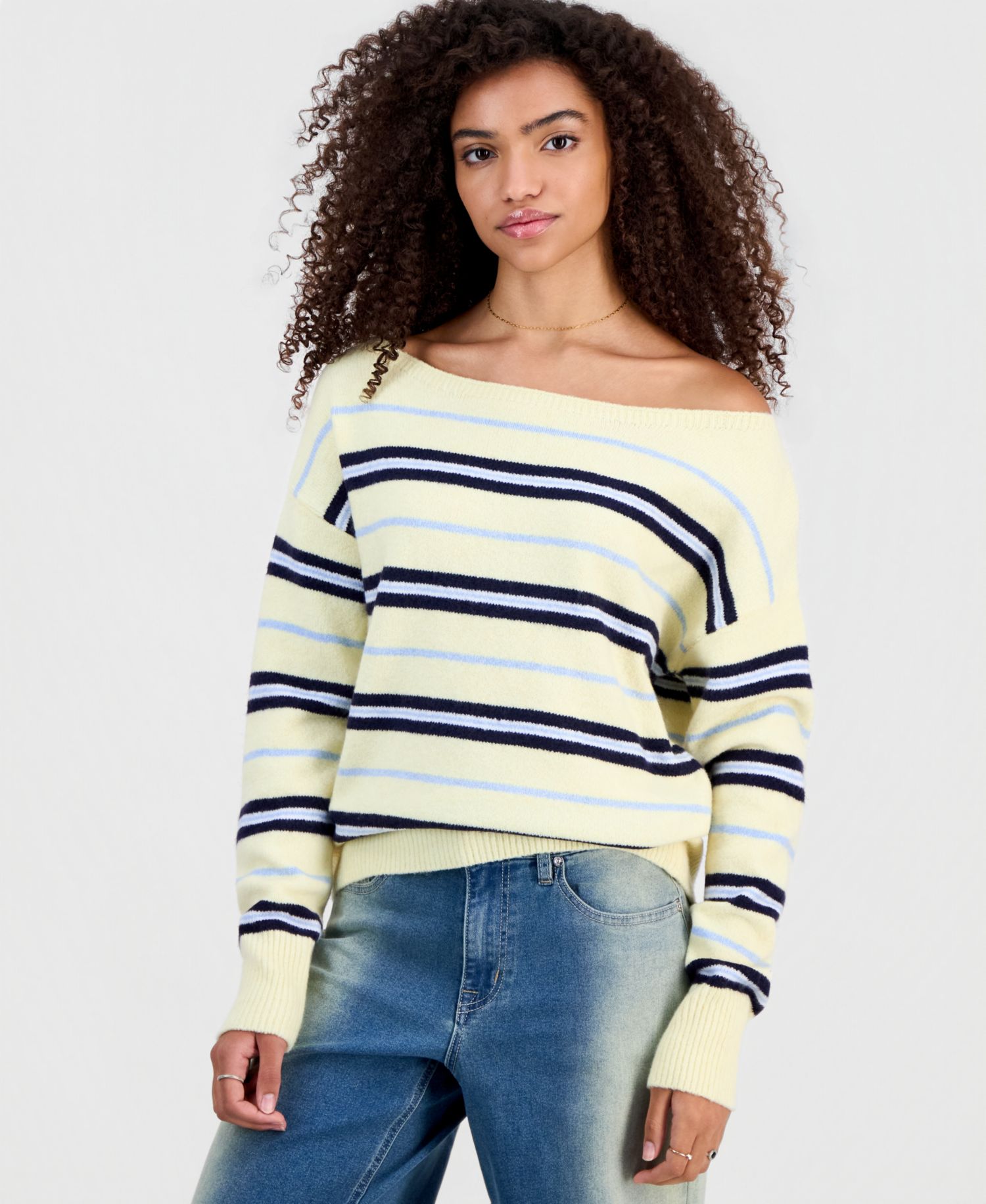 Juniors' Slouchy Off-The-Shoulder Striped Sweater