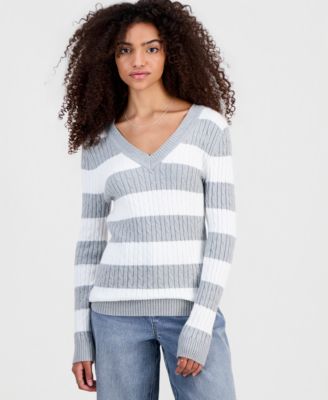 Juniors' Longline V-Neck Cable-Knit Sweater