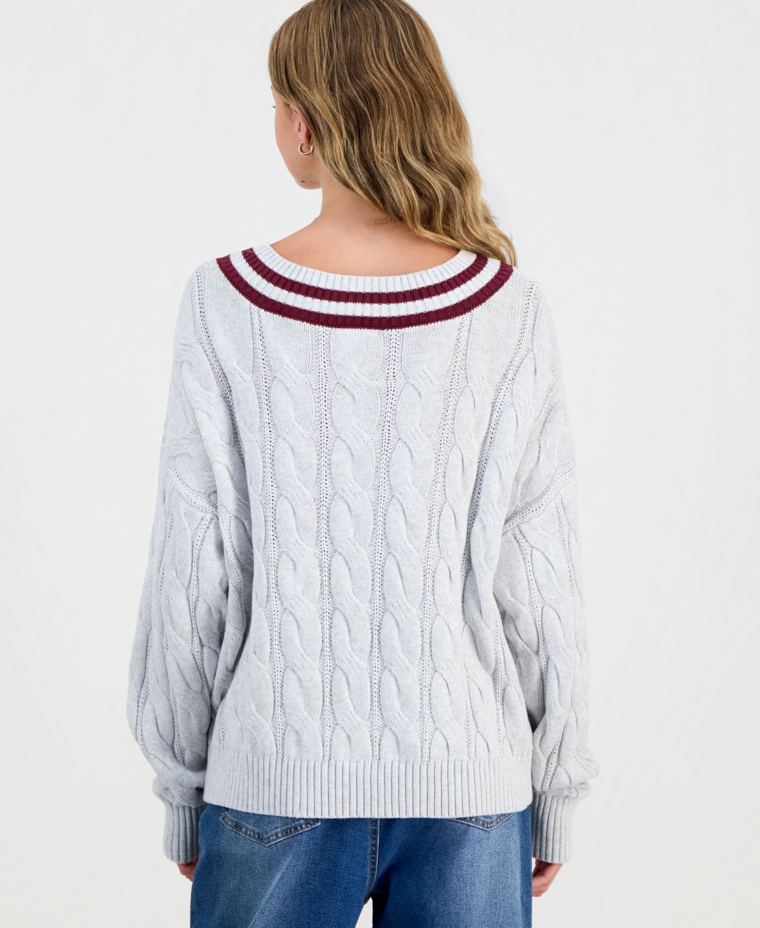 Juniors' V-Neck Varsity Cable-Knit Sweater