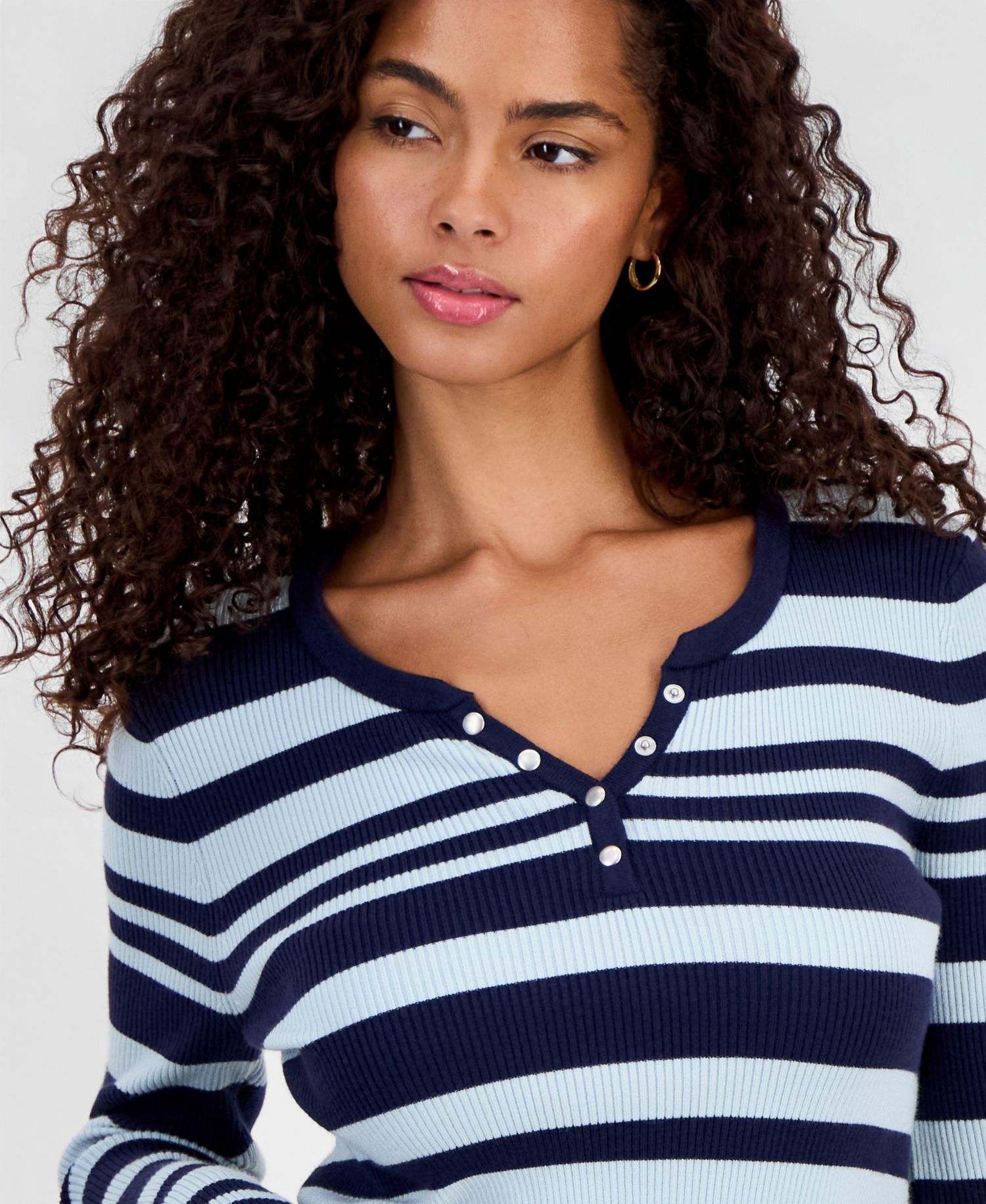 Juniors' Striped Snap Henley Stripe Sweater